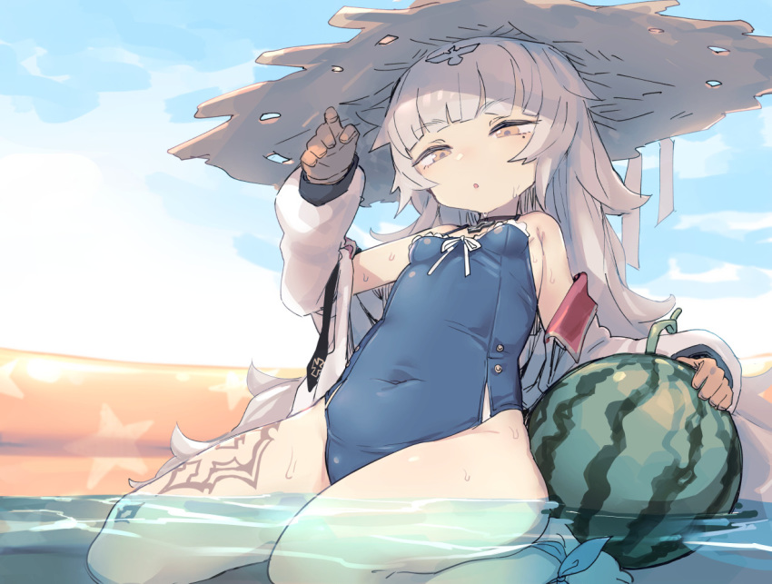 ankle_ribbon azur_lane barefoot bee_(deadflow) blue_ribbon blue_swimsuit blush breasts brown_eyes brown_gloves covered_navel day eyebrows_visible_through_hair food fruit gloves grey_hair hat head_tilt jacket leg_tattoo long_hair long_sleeves looking_at_viewer mole mole_under_eye off_shoulder one-piece_swimsuit open_clothes open_jacket outdoors parted_lips ribbon small_breasts solo straw_hat swimsuit tattoo very_long_hair wading_pool water watermelon z46_(azur_lane)