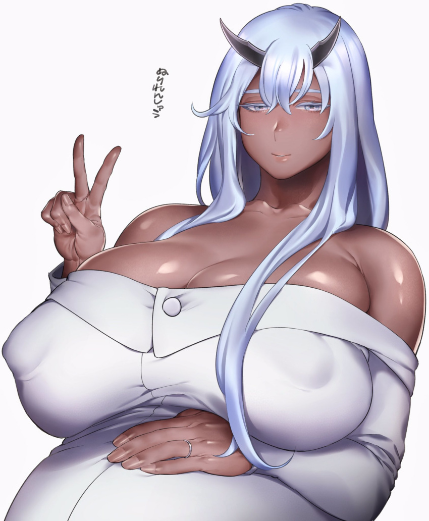 bare_shoulders breasts cleavage colored_eyelashes covered_nipples dark_skin dress grey_eyes grey_hair hair_between_eyes hand_on_own_stomach highres horns huge_breasts jewelry lips long_hair looking_at_viewer phantasy_star phantasy_star_online_2 pregnant ring simple_background solo translated v wedding_band white_background white_dress zkstxxx