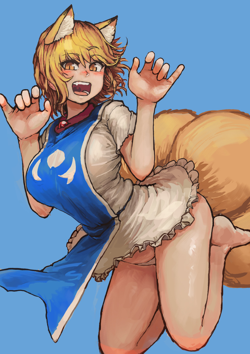 absurdres adapted_costume animal_ear_fluff animal_ears bangs blonde_hair blue_background blush brown_eyes chanta_(ayatakaoisii) claw_pose dress extra_ears eyebrows_visible_through_hair fang fox_ears fox_tail frilled_dress frills highres hips jumping legs_up looking_at_viewer multiple_tails narrow_waist no_hat no_headwear nose_blush open_mouth panties reflective_eyes short_dress short_sleeves simple_background slit_pupils solo string_panties tabard tail teeth thighs touhou underwear wavy_hair white_panties yakumo_ran