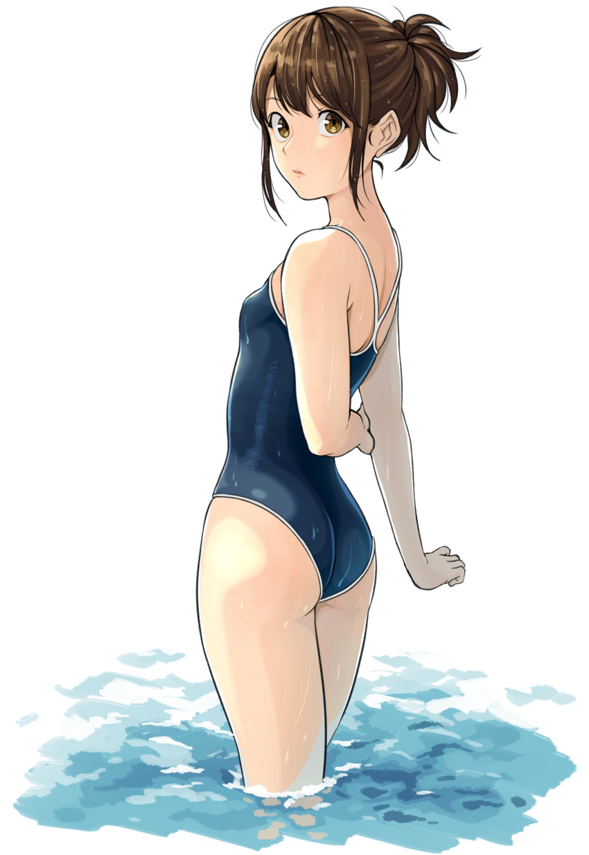 ass brown_hair commentary_request competition_school_swimsuit from_behind gintama highres kobaji long_hair looking_at_viewer one-piece_swimsuit ponytail school_swimsuit shimura_tae solo swimsuit wading water wet wet_clothes