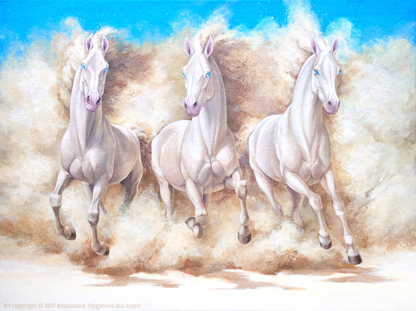 2017 albino anisis blue_eyes equine feral fur group hooves horse mammal traditional_media_(artwork) white_fur