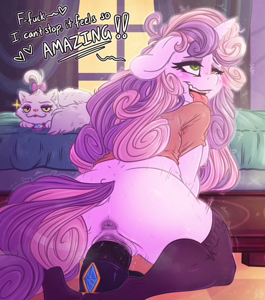 2018 absurd_res aged_up anthro anus bed bedroom being_watched breasts butt cat clothing dialogue digital_media_(artwork) dildo dildo_sitting dimwitdog duo english_text equine feline female friendship_is_magic fur green_eyes hair half-closed_eyes hi_res horn inside legwear long_hair looking_pleasured mammal masturbation motion_lines multicolored_hair my_little_pony nipples opalescence_(mlp) penetration pussy pussy_juice sex_toy signature sweetie_belle_(mlp) text tongue tongue_out two_tone_hair unicorn vaginal vaginal_penetration white_fur window