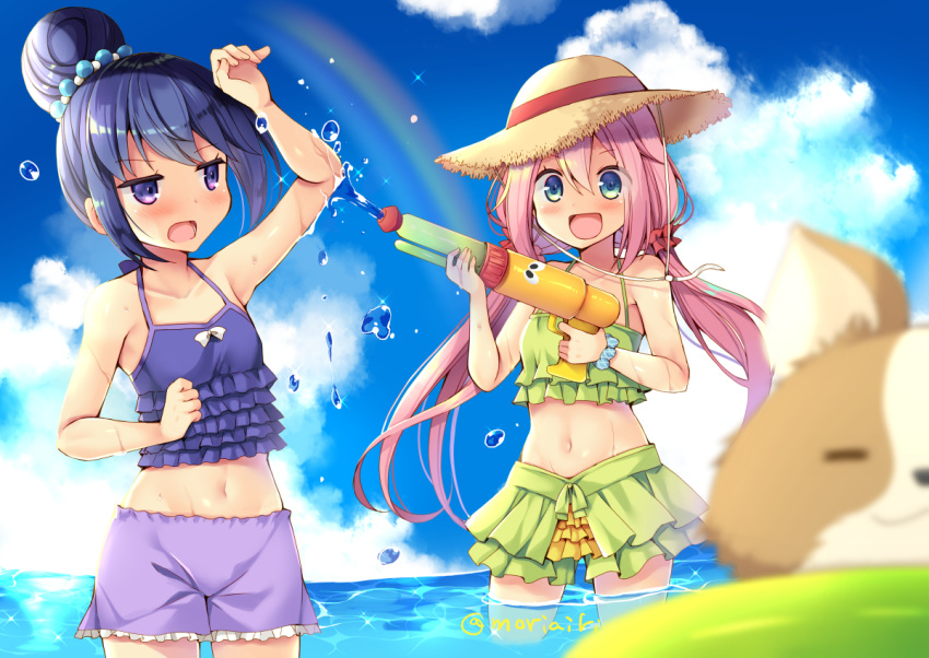 :d blue_eyes blue_hair blurry chikuwa_(yurucamp) clenched_hand cloud collarbone day depth_of_field dog eyebrows_visible_through_hair frilled_swimsuit frills green_swimsuit groin hair_bun hair_ornament hair_scrunchie halterneck hat holding kagamihara_nadeshiko long_hair looking_at_another low_twintails mori_airi multiple_girls navel open_mouth outdoors pink_hair purple_eyes purple_swimsuit rainbow scrunchie shima_rin sky smile sparkle standing straw_hat swimsuit twintails twitter_username very_long_hair wading water water_drop water_gun wrist_scrunchie yurucamp