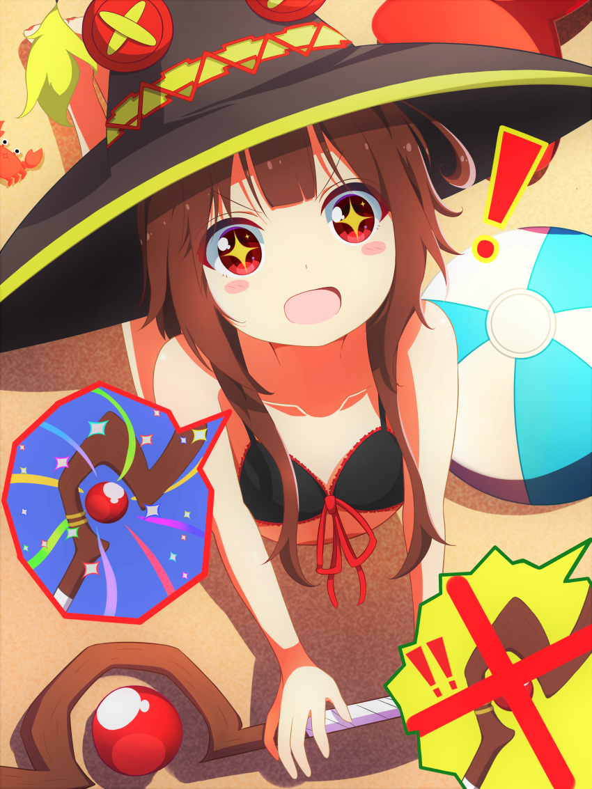 absurdres ball beach beachball bikini_top blush brown_hair commentary_request hat highres kono_subarashii_sekai_ni_shukufuku_wo! megumin red_eyes sand sparkling_eyes staff witch_hat yuzukosyo43