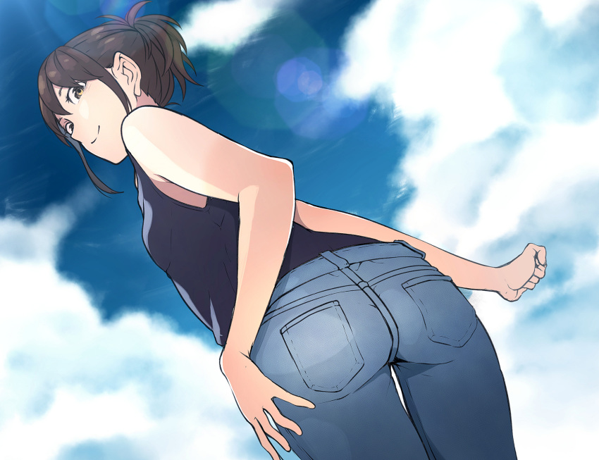 ass brown_hair casual commentary denim from_behind gintama highres jeans kobaji looking_at_viewer looking_back looking_down pants shimura_tae solo tank_top