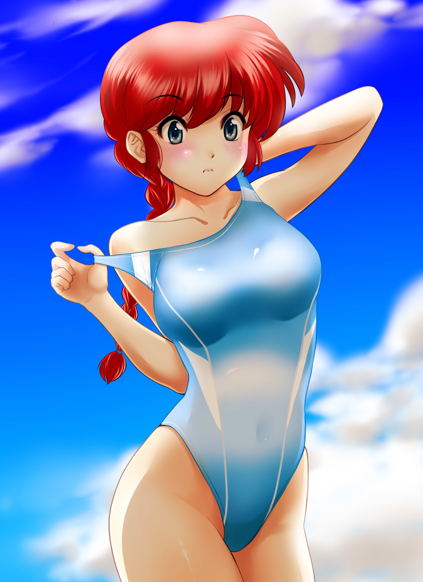 absurdres bangs blue_eyes blue_sky blue_swimsuit blush braid breasts closed_mouth collarbone commentary_request competition_swimsuit covered_navel cowboy_shot day embarrassed eyebrows_visible_through_hair frown hair_tie highleg highleg_swimsuit highres lips long_hair looking_at_viewer medium_breasts nanao_futaba one-piece_swimsuit outdoors partial_commentary pulled_by_self ranma-chan ranma_1/2 red_hair saotome_ranma single_braid sky solo standing strap_slip swimsuit swimsuit_pull thighs wavy_mouth