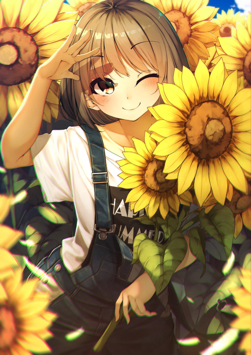 ;) absurdres arm_up bad_id bad_twitter_id bangs blue_sky blurry blurry_foreground blush brown_eyes brown_hair closed_mouth clothes_writing cloud collarbone commentary_request day depth_of_field eyebrows_visible_through_hair field fingernails flower flower_field highres long_hair looking_at_viewer one_eye_closed original outdoors overalls rerrere shirt short_sleeves sky smile solo sunflower t-shirt white_shirt wide_sleeves yellow_flower