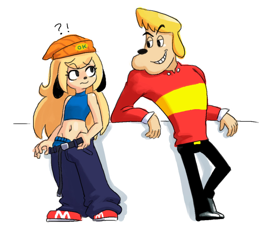2018 ?! anthro blonde_hair breasts canine clothing crossgender dog duo female frown hair jeans long_hair male mammal midriff minus8 navel pants parappa parappa_the_rapper smile standing video_games