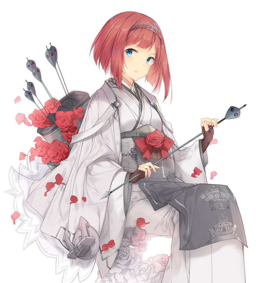 alternate_costume ark_royal_(kantai_collection) arrow blue_eyes brown_gloves clothes_writing fingerless_gloves flower gloves hairband highres holding_arrow japanese_clothes kantai_collection kimono long_sleeves malachite petals red_flower red_hair red_ribbon red_rose ribbon rose rose_petals short_hair simple_background solo tiara white_background white_flower white_rose wide_sleeves