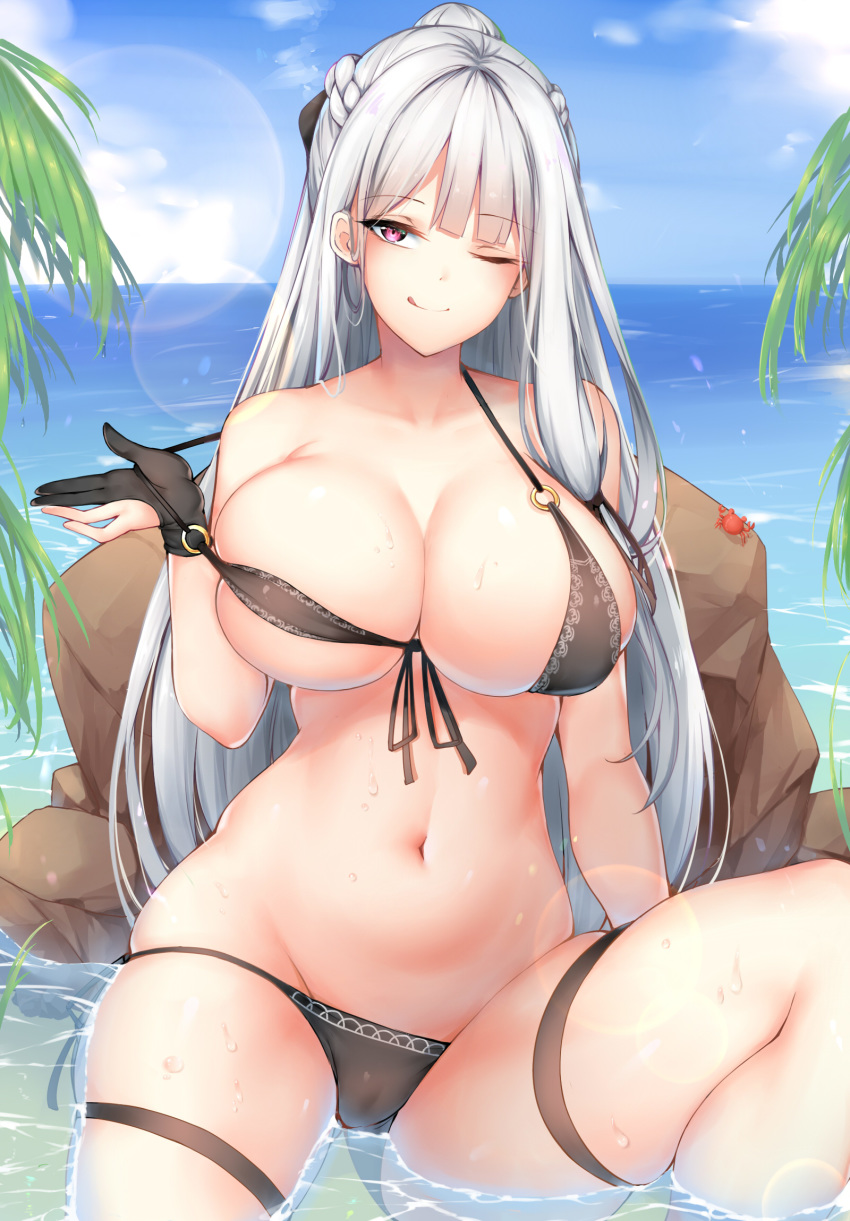 :q ak-12_(girls_frontline) alternate_costume bangs bare_shoulders beach bikini bikini_tug black_bikini black_ribbon blue_sky braid breasts chixiao cleavage closed_mouth cloud collarbone commentary crab day eyebrows_visible_through_hair french_braid front-tie_bikini front-tie_top girls_frontline gloves hair_ribbon highres large_breasts long_hair looking_at_viewer navel ocean one_eye_closed outdoors palm_leaf partially_submerged partly_fingerless_gloves purple_eyes ribbon rock side-tie_bikini sidelocks sitting skindentation sky smile solo stomach swimsuit thigh_strap thighs tongue tongue_out very_long_hair