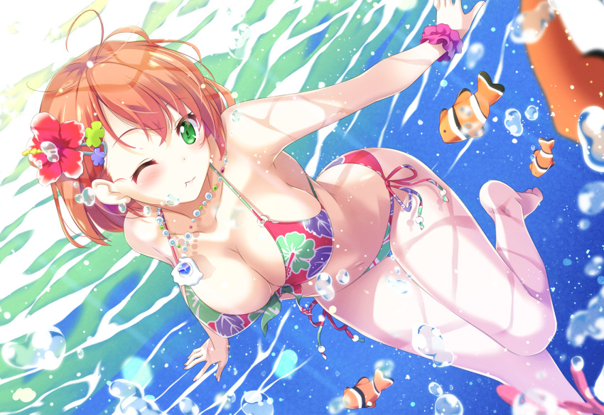 animal bikini blush breasts brown_hair bubbles fish green_eyes necklace original short_hair swimsuit underwater uzuki_hiro water wink wristwear