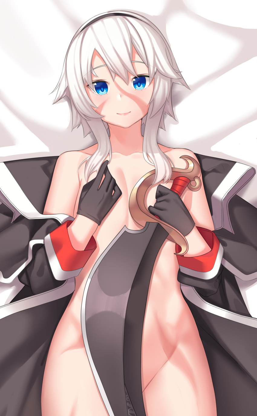 absurdres bangs bare_shoulders bed_sheet black_coat black_gloves black_hairband blue_eyes closed_mouth coat collarbone commission cutlass_(sword) dakimakura facial_scar fate/grand_order fate_(series) flat_chest franham from_above full_body gloves groin hair_between_eyes hairband hand_on_own_chest hands_up highres holding holding_sword holding_weapon long_sleeves looking_at_viewer lying mary_read_(fate/grand_order) no_bra no_panties on_back open_clothes open_coat scar scar_on_cheek short_hair_with_long_locks sidelocks smile solo sword weapon white_hair wide_hips