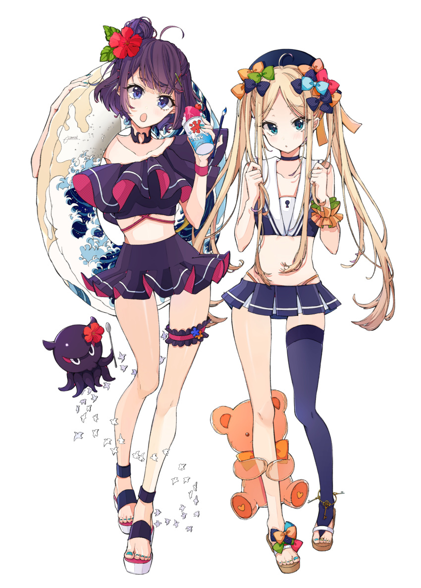 abigail_williams_(fate/grand_order) absurdres ahoge anklet bare_shoulders bikini black_bow black_hat black_skirt blonde_hair blue_bow blue_eyes blue_nails bow choker collarbone commentary_request fate/grand_order fate_(series) flower frilled_bikini frills green_bow hair_bow hair_flower hair_ornament hat head_tilt hibiscus highres inflatable_toy innertube jewelry katsushika_hokusai_(fate/grand_order) key keyhole long_hair looking_at_viewer midriff multiple_girls nail_polish octopus open_mouth orange_bow origami osanai paintbrush parted_lips playing_with_own_hair pleated_skirt purple_hair red_bow red_flower ribbon sailor_bikini sailor_collar sandals scrunchie shaved_ice shirt short_hair signature single_thighhigh skirt sleeveless sleeveless_shirt spoon strapless strapless_bikini stuffed_animal stuffed_toy swimsuit teddy_bear thigh_strap thighhighs toe_ring toenail_polish tokitarou_(fate/grand_order) twintails very_long_hair wrist_scrunchie wristband x_hair_ornament