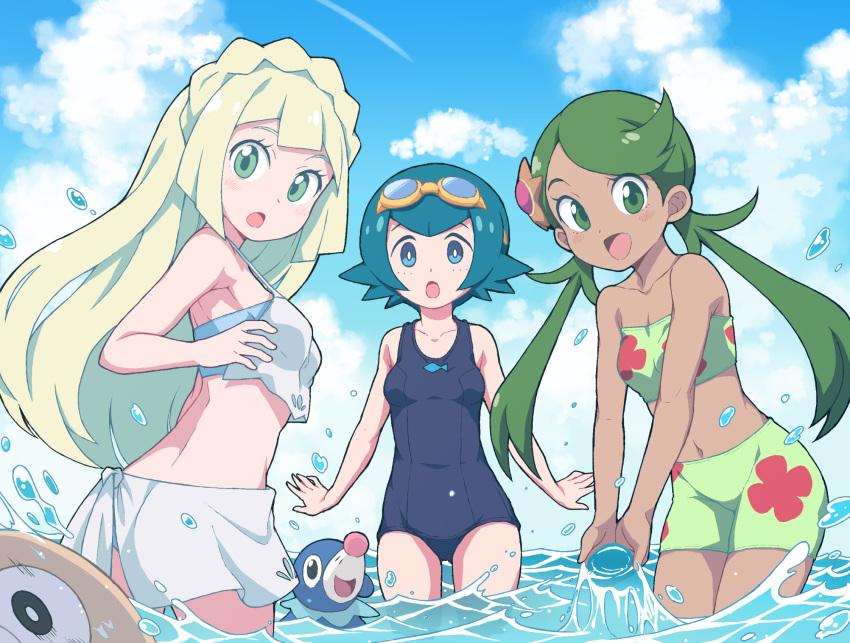 :o armpits arms_at_sides back bangs bikini blonde_hair blue_eyes blue_hair blue_sky braid cloud cloudy_sky collarbone commentary cowboy_shot crown_braid dark_skin day gen_7_pokemon goggles goggles_on_head green_eyes green_hair hair_ornament hand_up highres lillie_(pokemon) long_hair looking_at_viewer mao_(pokemon) multiple_girls navel nazonazo_(nazonazot) one-piece_swimsuit open_mouth outdoors outstretched_arms pokemon pokemon_(anime) pokemon_(creature) pokemon_sm_(anime) popplio rowlet school_swimsuit sky smile splashing standing stomach strap_gap suiren_(pokemon) swept_bangs swimsuit trial_captain twintails wading water white_pupils