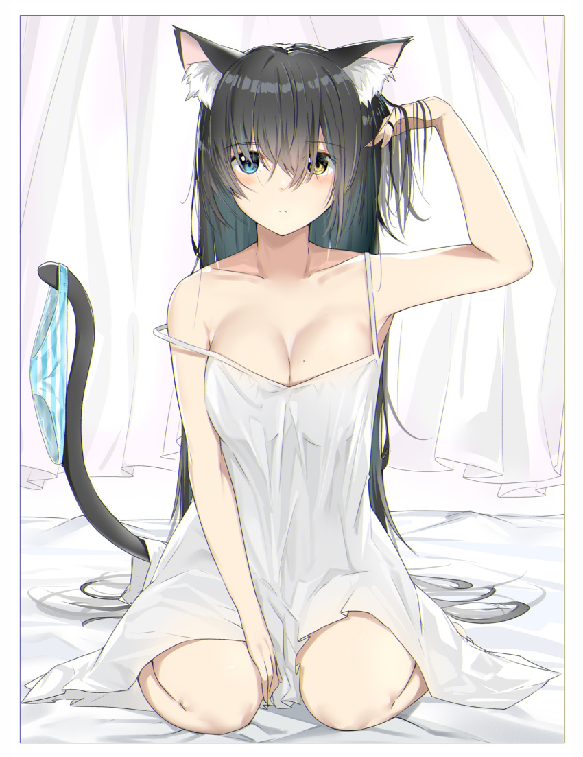 absurdres animal_ears arm_up bangs bare_arms bare_shoulders bed_sheet between_legs black_hair blue_eyes blush breasts cat_ears cat_girl cat_tail cleavage closed_mouth collarbone commentary curtains dress eyebrows_visible_through_hair fingernails hair_between_eyes hand_between_legs hand_in_hair heterochromia highres long_hair looking_at_viewer medium_breasts mole mole_on_breast original panties panties_around_tail panties_removed sitting sleeveless sleeveless_dress solo strap_slip striped striped_panties suzuharu_toufu tail underwear very_long_hair wariza white_dress yellow_eyes