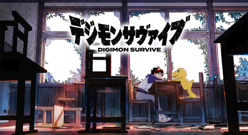 agumon black_eyes black_hair black_shirt blue_jacket broken_window chair classroom claws creature day desk digimon digimon_survive goggles goggles_on_head green_eyes grey_pants hood hooded_jacket indoors jacket key_visual logo looking_at_another momotsuka_takuma official_art pants red-framed_eyewear school school_chair school_desk shirt shoes sitting smile sneakers standing_on_chair sunlight tail ukumo_uichi white_footwear white_jacket