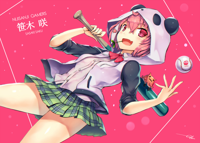 bad_id bad_pixiv_id baseball baseball_bat character_name eyebrows_visible_through_hair fang gia hood hooded_jacket jacket nijisanji open_clothes open_jacket open_mouth panda_hood pink_background pink_hair pleated_skirt red_eyes signature skirt sleeves_rolled_up solo