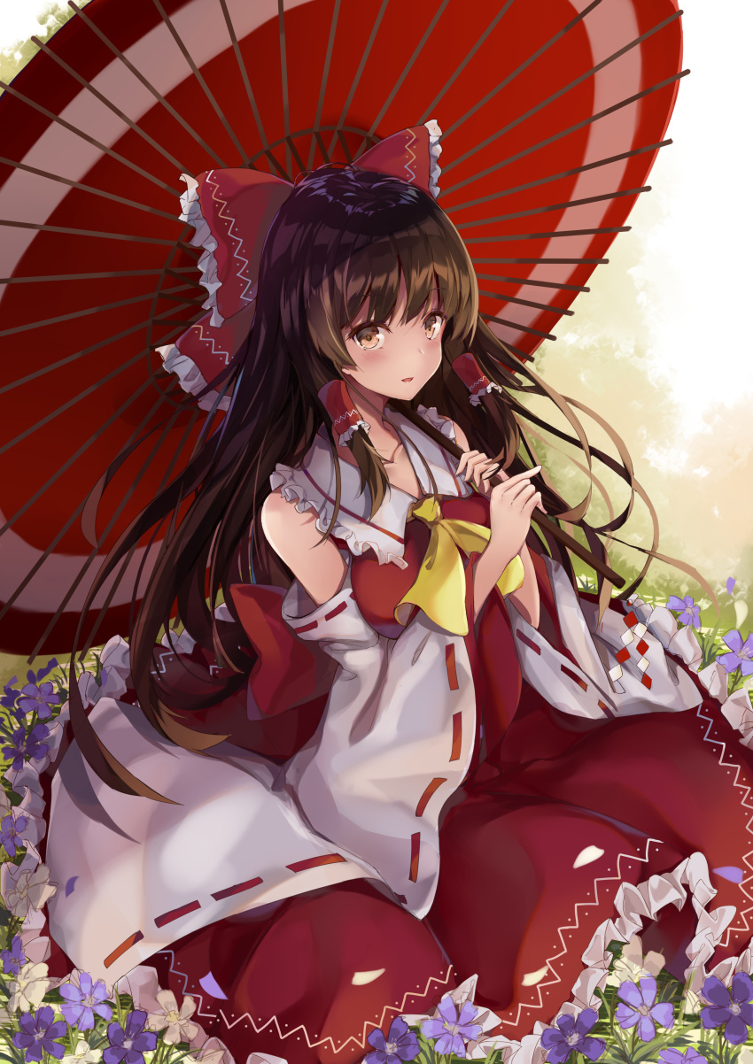 absurdres ascot bangs bare_shoulders blue_flower blush bow breasts brown_eyes brown_hair chinese_commentary collarbone commentary_request detached_sleeves dress eyebrows_visible_through_hair field flower flower_field frilled_bow frilled_shirt_collar frills hair_bow hair_tubes hakurei_reimu highres holding holding_umbrella long_hair long_sleeves looking_at_viewer oriental_umbrella parted_lips petals petticoat red_bow red_dress red_umbrella ribbon-trimmed_sleeves ribbon_trim smile solo touhou umbrella usagi_an white_flower wide_sleeves yellow_neckwear