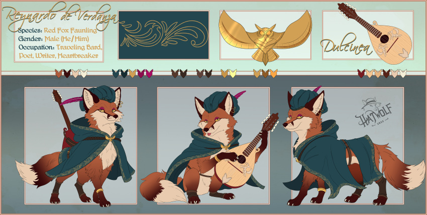 2025 absurd_res artist_name bard blep bracelet canid canine cheek_tuft chest_tuft claws clothed clothing digital_drawing_(artwork) digital_media_(artwork) ear_piercing ear_ring english_text eyeshadow facial_tuft feral fox fur gold_(metal) gold_bracelet gold_jewelry hat hatwolf headgear headwear hi_res holding_object inner_ear_fluff jewelry looking_at_viewer lute makeup male mammal mandolin model_sheet musical_instrument musician paws piercing plucked_string_instrument poet reynardo_de_verdanza ring_piercing signature simple_background smile smug smug_expression smug_face solo standing string_instrument tail text tongue tongue_out tuft writer yellow_eyes