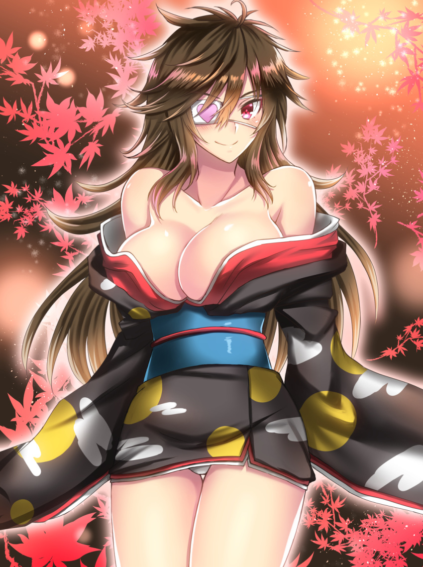 &gt;:) arms_at_sides bare_shoulders black_hair blush breasts cleavage closed_mouth collarbone commentary_request cowboy_shot eyepatch heart heart_eyepatch highres japanese_clothes kimono large_breasts long_hair long_sleeves looking_at_viewer messy_hair minabari_no_kizuna obi off_shoulder panties pantyshot pantyshot_(standing) red_eyes sash smile solo standing takecha thigh_gap tsurime underwear white_panties wide_sleeves