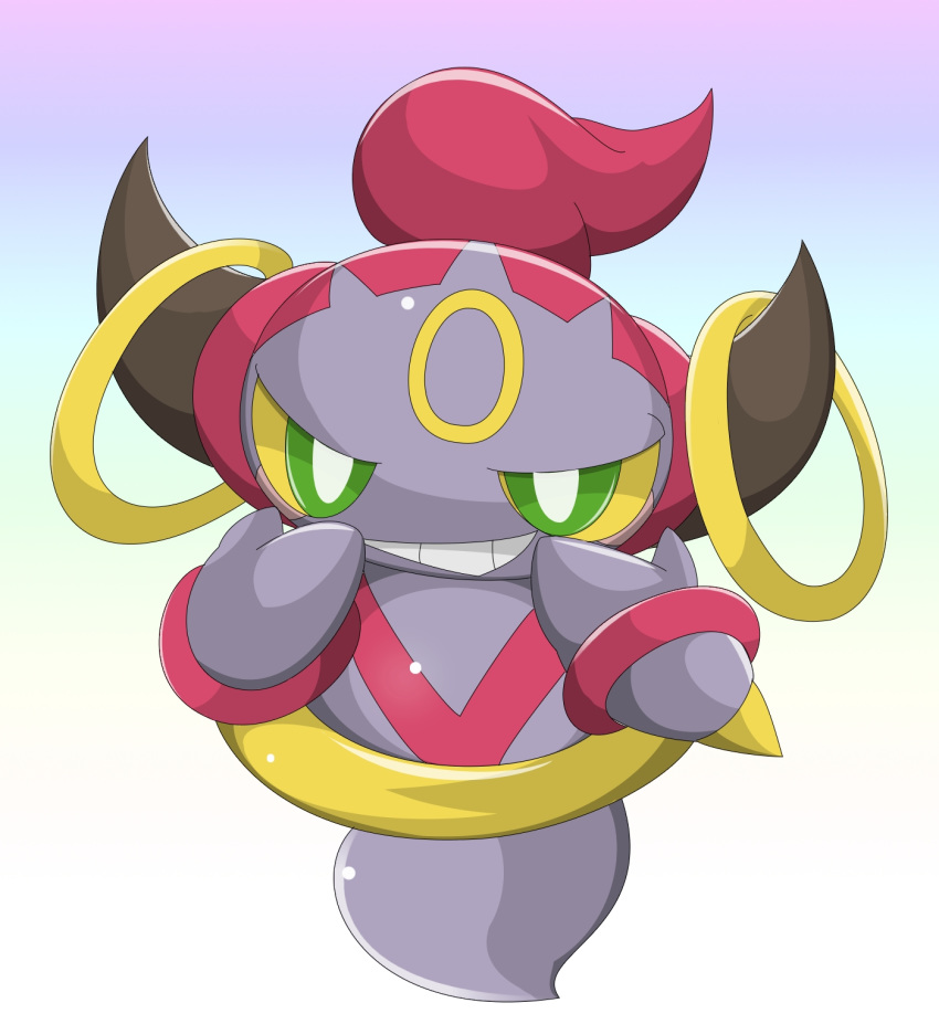 2015 ambiguous_gender gradient_background green_eyes grin hoopa legendary_pok&eacute;mon looking_at_viewer nintendo pok&eacute;mon pok&eacute;mon_(species) simple_background smile solo type video_games white_background yellow_sclera