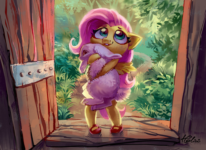2018 ambiguous_gender clothed clothing door duo equine feathered_wings feathers female fluttershy_(mlp) footwear friendship_is_magic fur hair hi_res holivi lagomorph long_hair mammal my_little_pony pegasus pigeon_toed rabbit wings young