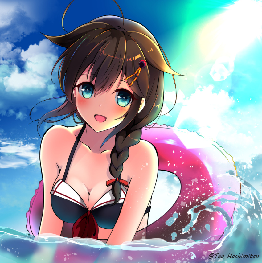 :d ahoge alternate_costume amagami_(makise_tsubaki) bangs bikini blue_eyes blue_sky blush braid breasts brown_hair cleavage cloud collarbone commentary day eyebrows_visible_through_hair hair_between_eyes hair_flaps hair_ornament hair_over_shoulder innertube kantai_collection long_hair md5_mismatch open_mouth outdoors partially_submerged remodel_(kantai_collection) ribbon shigure_(kantai_collection) sidelocks single_braid sky smile solo sunlight swimsuit twitter_username upper_body