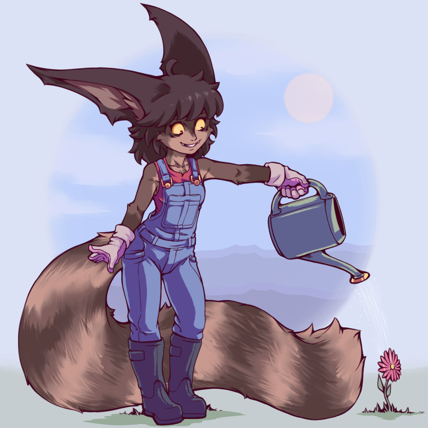 2018 anthro big_ears boots cheek_tuft chest_tuft clothed clothing cute_fangs feline female flower footwear gloves holding_object long_tail mammal overalls plagueofgripes plant red_eyes simple_background smile solo standing tailypo tuft watering_can weysa_(plagueofgripes) yellow_sclera