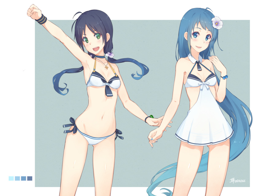 :d ahoge arm_up armpits ass_visible_through_thighs bangs bare_shoulders bikini blue_eyes blue_hair blue_nails blush breasts choker cleavage collarbone dan_(kumadan) eyebrows_visible_through_hair flower hair_flower hair_ornament halter_top halterneck jewelry kantai_collection long_hair looking_at_viewer low_twintails mini_necktie multiple_girls nail_polish navel necklace open_mouth sailor_collar samidare_(kantai_collection) side-tie_bikini simple_background small_breasts smile standing suzukaze_(kantai_collection) swimsuit twintails upper_teeth very_long_hair white_bikini