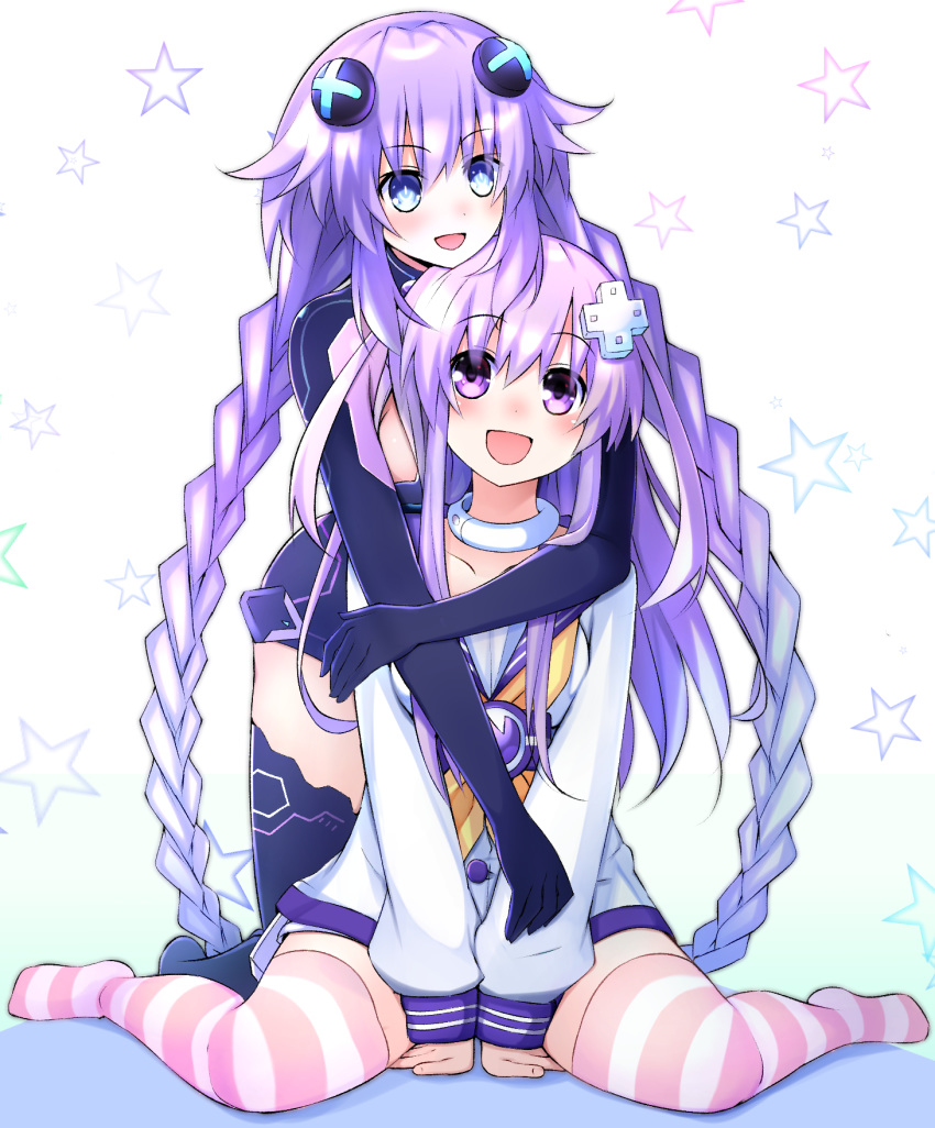 :d blue_eyes blush braid choker cleavage_cutout collarbone d-pad d-pad_hair_ornament doria_(5073726) dress full_body hair_between_eyes hair_ornament highres hug hug_from_behind kneeling leotard long_hair looking_at_another looking_back multiple_girls nepgear neptune_(series) open_mouth power_symbol purple_eyes purple_hair purple_heart sailor_dress siblings sisters sitting smile star starry_background striped striped_legwear symbol-shaped_pupils twin_braids twintails very_long_hair wariza white_choker