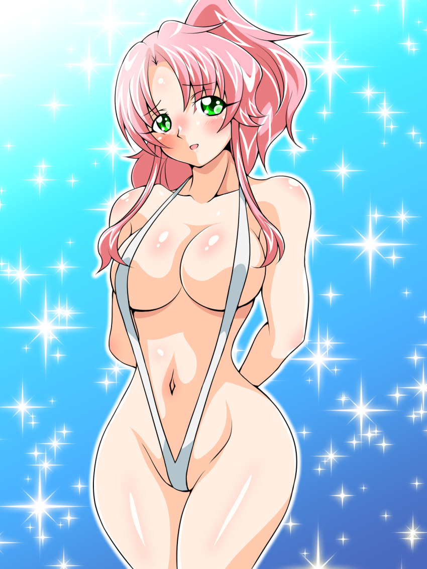 1girl arms_behind_back bikini blush breasts gradient gradient_background green_eyes inabakun00 large_breasts long_hair looking_at_viewer navel open_mouth original pink_hair ponytail rio_(inaba) slingshot_swimsuit smile solo sparkle standing swimsuit