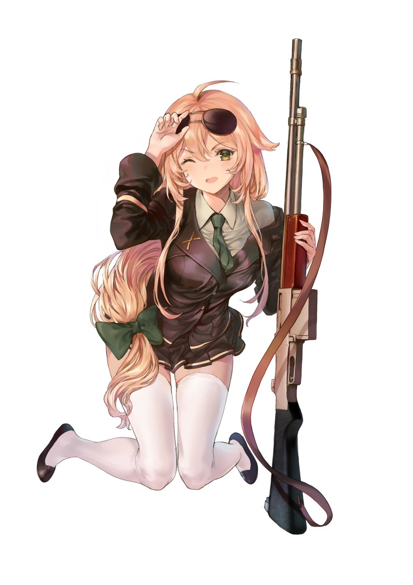:d absurdres ahoge aviator_sunglasses bangs black_footwear blonde_hair blush bow breasts commentary eyebrows_visible_through_hair eyewear_on_head girls_frontline green_bow green_eyes green_neckwear gun hair_bow hand_up highres holding holding_gun holding_weapon kneeling large_breasts leon_v loafers long_hair looking_at_viewer low-tied_long_hair m1918_bar m1918_bar_(girls_frontline) machine_gun necktie off_shoulder one_eye_closed open_mouth shoes sidelocks skirt smile solo sunglasses thighhighs very_long_hair weapon white_legwear