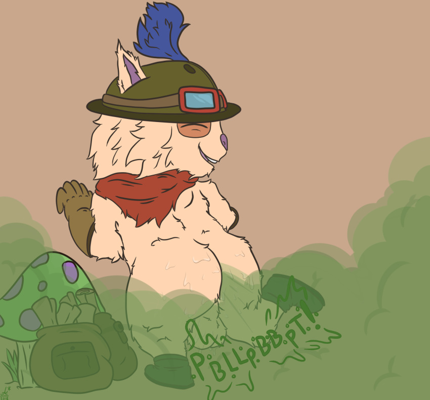 2018 anthro austrum backsack balls boots butt clothing digital_media_(artwork) fart footwear fur hat league_of_legends looking_at_viewer looking_back male mammal nude open_mouth riot_games simple_background smile solo sweat teemo_(lol) video_games yordle