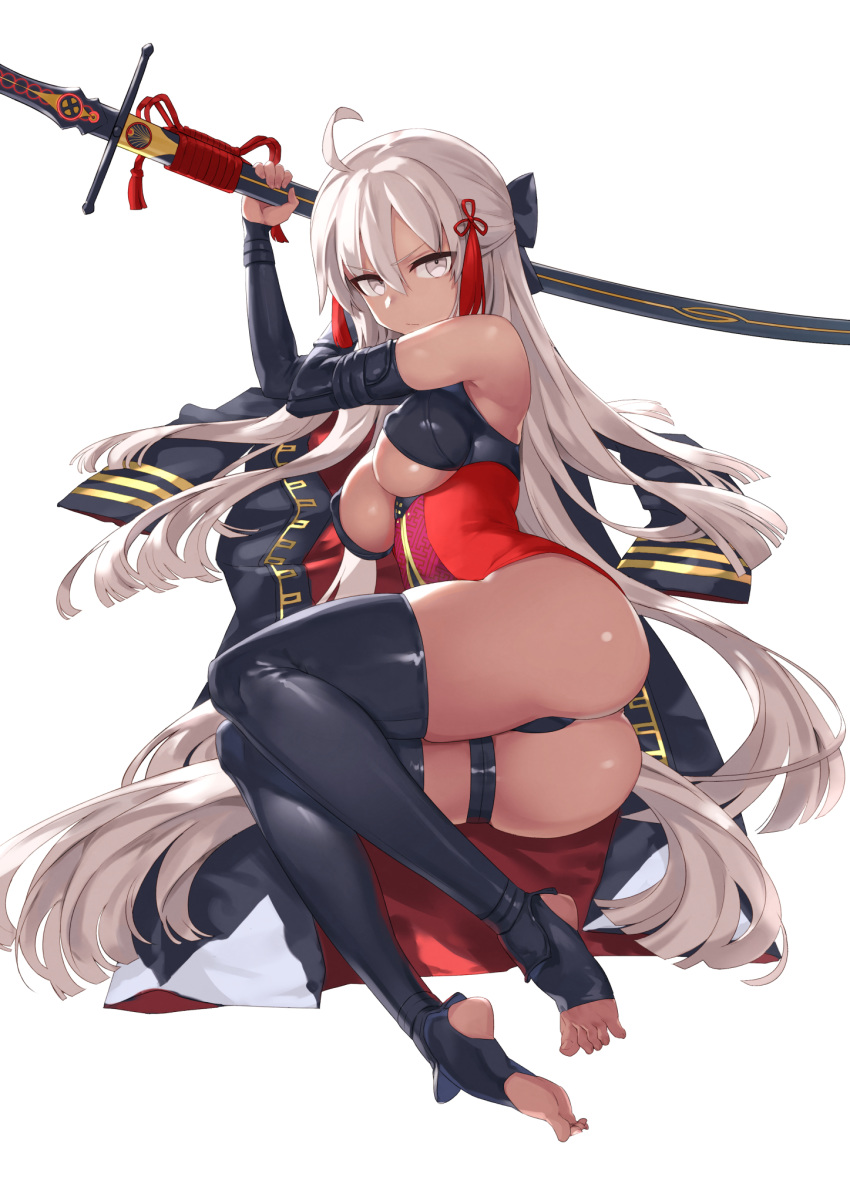ahoge arm_guards ass bangs bare_shoulders black_bow black_legwear bow breasts brown_eyes brown_hair cleavage commentary covered_nipples dark_skin dress fate/grand_order fate_(series) feet full_body grey_eyes hair_between_eyes hair_bow hair_ornament highres holding holding_sword holding_weapon katana kylin long_hair looking_at_viewer lying medium_breasts okita_souji_(alter)_(fate) okita_souji_(fate)_(all) on_side red_dress short_dress simple_background skindentation soles solo stirrup_legwear sword tassel thigh_strap thighhighs toeless_legwear toenails v-shaped_eyebrows very_long_hair weapon white_background