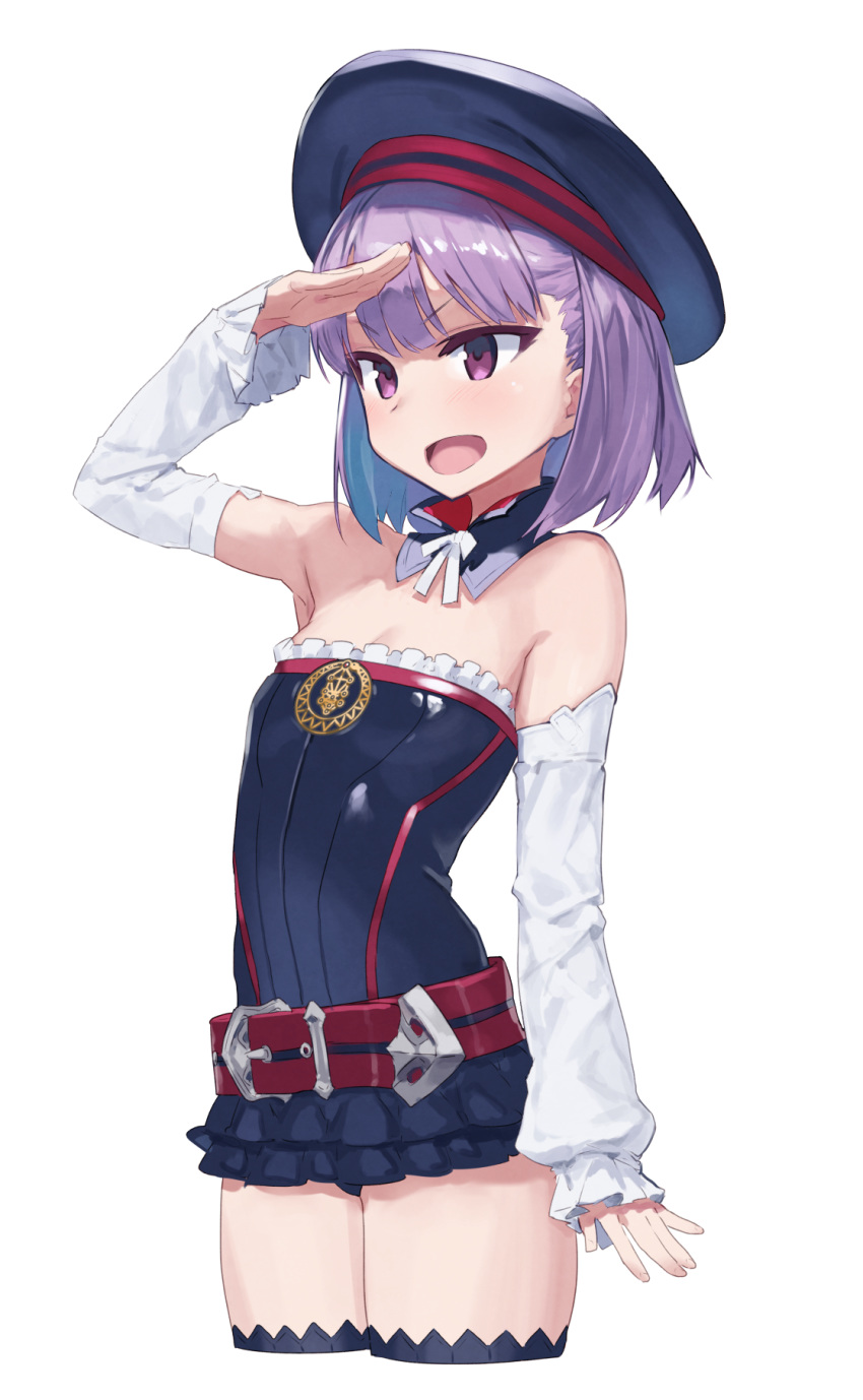 :d arm_at_side bangs bare_shoulders belt belt_buckle beret black_collar black_dress black_hat black_legwear blush bow breasts buckle cleavage cowboy_shot cropped_legs detached_collar detached_sleeves dress eyebrows_visible_through_hair fate/grand_order fate_(series) fingernails hat helena_blavatsky_(fate/grand_order) highres kylin long_sleeves looking_away open_mouth purple_eyes purple_hair red_belt salute short_dress short_hair simple_background sleeves_past_wrists small_breasts smile solo strapless strapless_dress thighhighs tree_of_life white_background white_bow white_sleeves