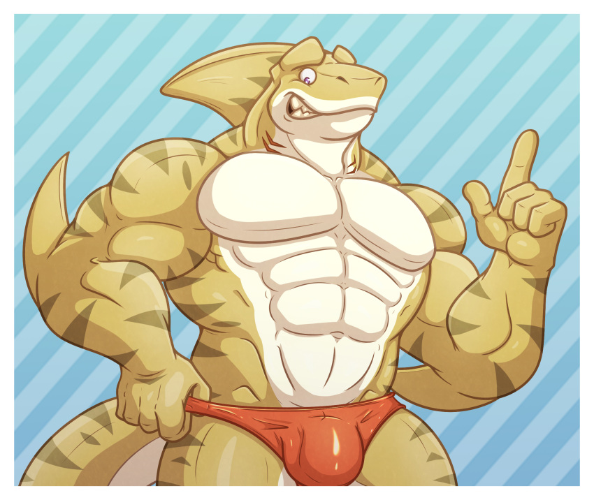 anthro bulge chocofox clothed clothing fish male marine muscular muscular_male pecs purple_eyes shark smile solo speedo swimsuit teeth topless underwear