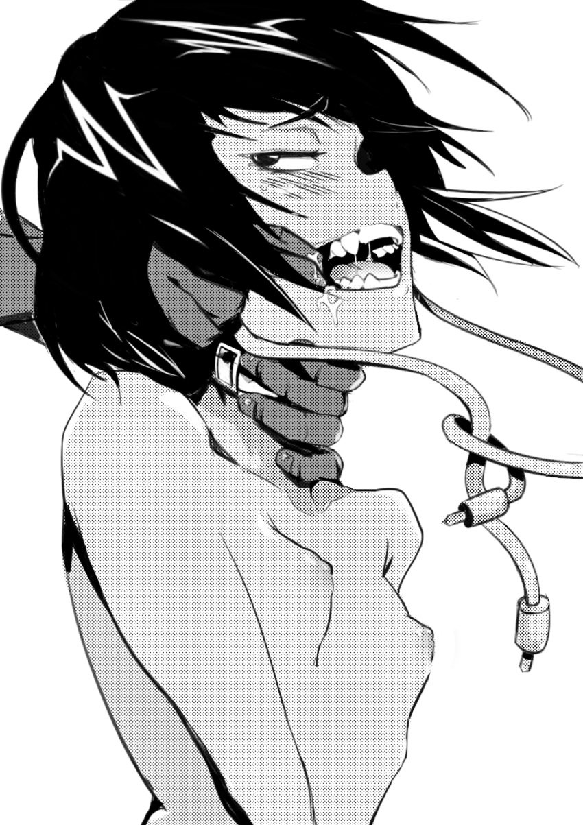 absurdres asphyxiation bangs black_hair blunt_bangs blush boku_no_hero_academia breasts choker earplugs fang from_side greyscale half-closed_eyes highres jirou_kyouka kidmukuro monochrome naughty_face nipples nude open_mouth saliva short_hair simple_background small_breasts smile solo_focus sweatdrop teeth upper_body white_background