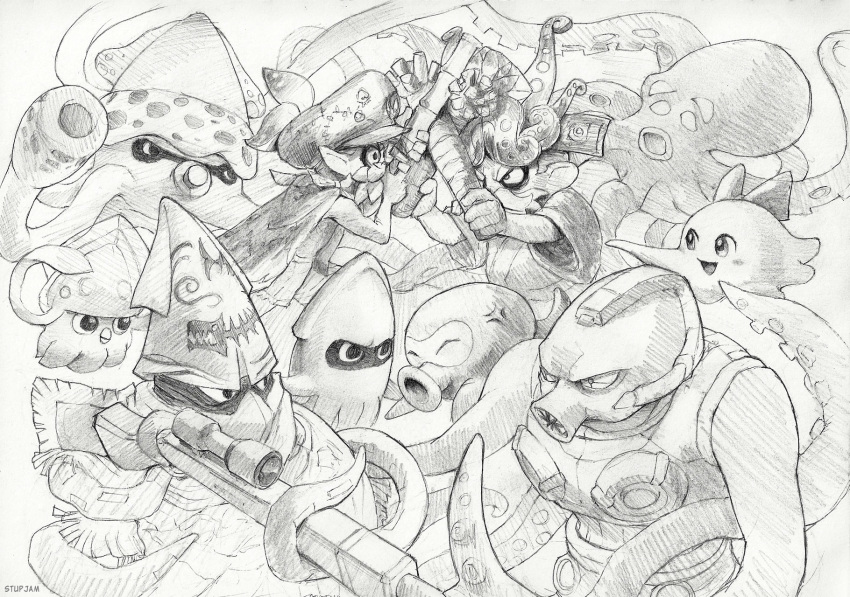 2boys anger_vein beard blooper chuchu_(kirby) commander_atarime company_connection crossover dj_takowasa f-zero facial_hair game_&amp;_watch gen_6_pokemon gooper_blooper graphite_(medium) gun highres inkay kirby_(series) mario_(series) multiple_boys multiple_crossover nintendo nomad_the_squid octoman_(f-zero) octopus octopus_(game_&amp;_watch) octorok pokemon pokemon_(creature) ribbon rifle sniper_rifle splatoon_(series) stup-jam super_mario_bros. super_mario_sunshine the_legend_of_zelda the_rolling_western traditional_media vs weapon