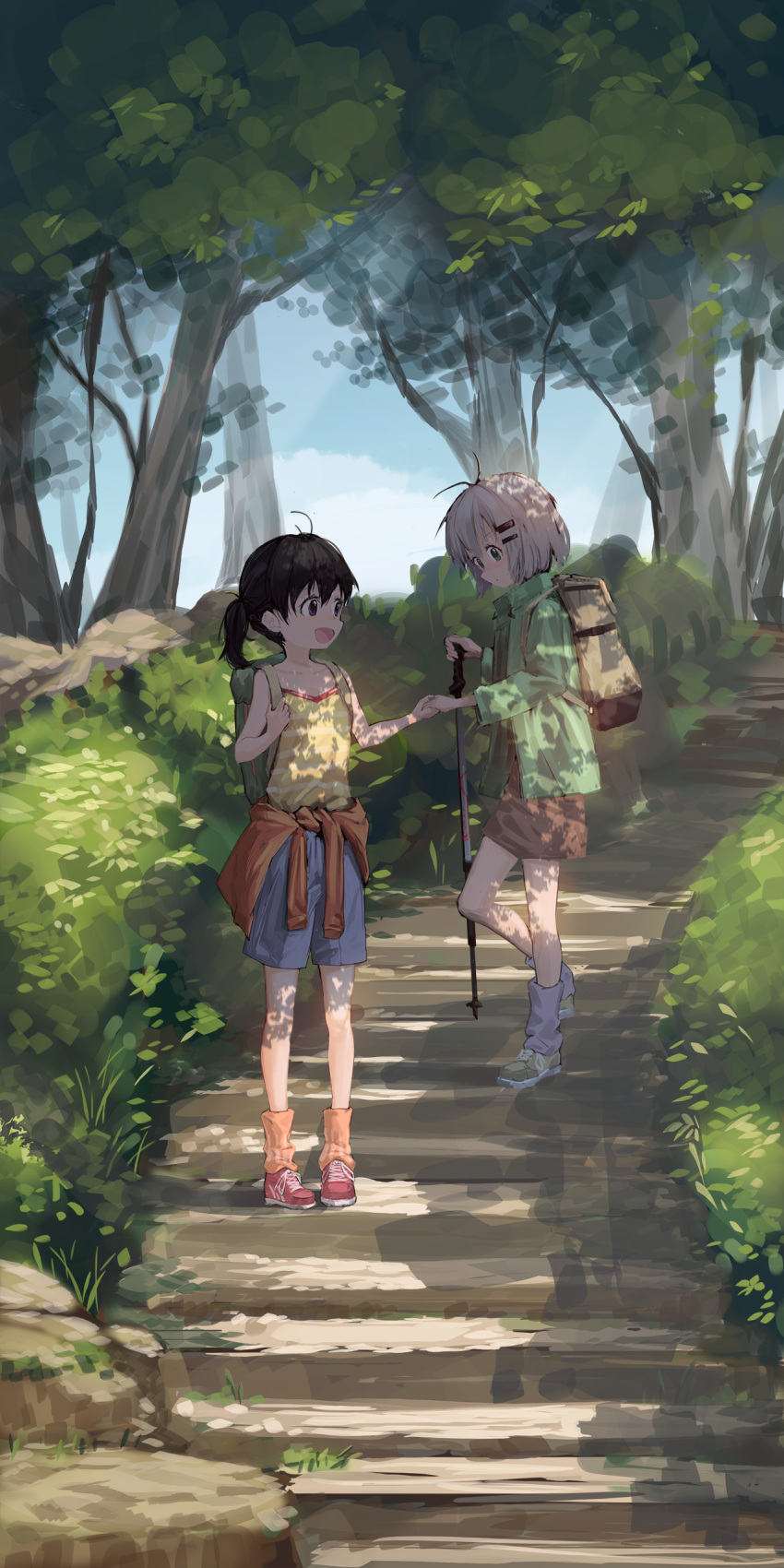 2girls absurdres ahoge backpack bag black_hair bush clothes_around_waist cloud collarbone dappled_sunlight forest gh_(chen_ghh) green_eyes hair_ornament hairclip hand_holding highres hiking jacket kuraue_hinata looking_down multiple_girls nature open_mouth path road scenery shirt shirt_around_waist shoes short_hair short_twintails shorts silver_hair skirt sky sneakers stairs striped striped_shirt striped_tank_top sunlight tank_top tree twintails walking_stick yama_no_susume yukimura_aoi