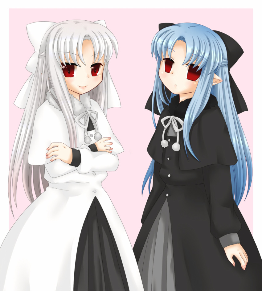 black_bow black_dress blue_hair bow crossed_arms dress hair_bow hekikuu_(kanaderuyume) highres len long_hair looking_at_viewer melty_blood multiple_girls pink_background pointy_ears red_eyes silver_hair tsukihime white_bow white_dress white_hair white_len