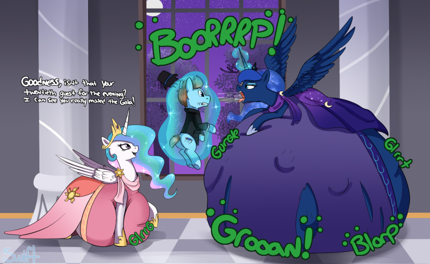 burping dialogue digestion english_text equine feathered_wings feathers female feral friendship_is_magic horn male mammal my_little_pony open_mouth princess_celestia_(mlp) princess_luna_(mlp) stomach_noises swiftsketchpone text unicorn vore winged_unicorn wings