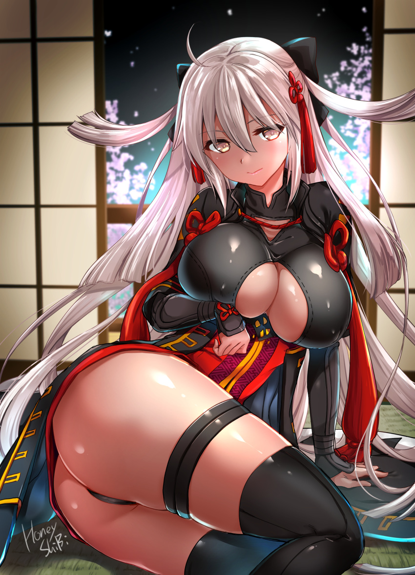 ahoge arm_guards arm_support ass bangs bare_shoulders black_bow black_legwear bow breasts brown_eyes brown_hair cherry_blossoms cleavage collarbone commentary_request covered_nipples dark_skin dress fate/grand_order fate_(series) flower_knot gold_trim grey_eyes hair_between_eyes hair_bow hair_ornament highres indoors large_breasts long_hair looking_at_viewer lying night night_sky okita_souji_(alter)_(fate) okita_souji_(fate)_(all) on_floor on_side red_dress shibi short_dress sitting skin_tight skindentation sky sliding_doors solo tassel tatami thigh_strap thighhighs very_long_hair yokozuwari