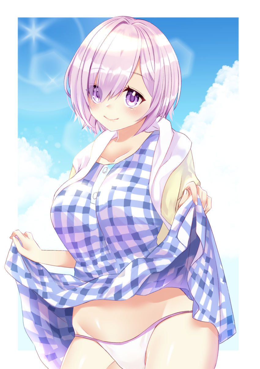 absurdres bangs bikini bikini_under_clothes blue_dress blue_sky breasts casual closed_mouth cloud collarbone commentary_request day dress eyebrows_visible_through_hair eyes_visible_through_hair fate/grand_order fate_(series) groin hair_over_one_eye highres hood hood_down hooded_jacket jacket mash_kyrielight medium_breasts nekomiya_noru_(yuduki710) open_clothes open_jacket pink_hair plaid plaid_dress purple_eyes short_hair sky smile solo swimsuit white_bikini yellow_jacket
