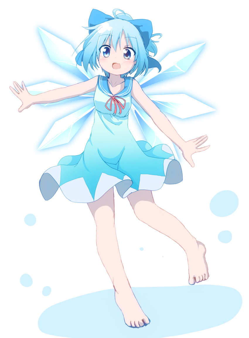 :d adapted_costume barefoot blue_bow blue_eyes blue_hair bow cirno do_(4-rt) dress eyebrows_visible_through_hair fang full_body hair_bow highres ice ice_wings looking_at_viewer open_mouth outstretched_arm sailor_dress short_hair simple_background sleeveless sleeveless_dress smile solo touhou white_background wings