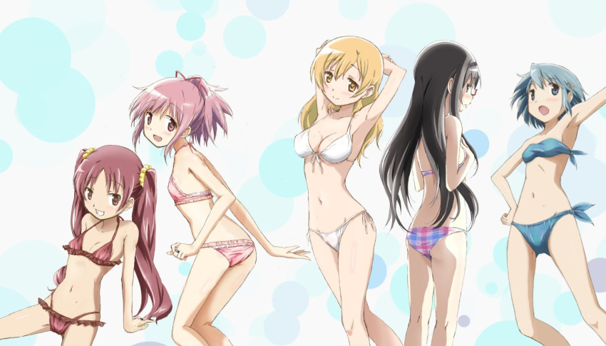 akemi_homura alternate_hairstyle arm_support arm_up armpits arms_behind_head arms_up ass ass_visible_through_thighs bandeau bikini black_hair blonde_hair blue_bikini blue_eyes blue_hair blush breasts brown_bikini brown_eyes brown_hair cleavage collarbone cowboy_shot feet_out_of_frame flat_chest frilled_bikini frills from_behind front-tie_top glasses grin hair_down hair_ornament hair_ribbon hair_scrunchie hairband hairclip hand_on_hip kaname_madoka kinfuji long_hair looking_at_viewer mahou_shoujo_madoka_magica miki_sayaka multiple_girls navel open_mouth pink_bikini pink_eyes pink_hair plaid plaid_background plaid_bikini ponytail purple_eyes red-framed_eyewear red_ribbon ribbon sakura_kyouko sand scrunchie semi-rimless_eyewear short_hair side-tie_bikini simple_background sitting smile standing swimsuit thighs tomoe_mami twintails under-rim_eyewear white_background white_bikini yellow_eyes yellow_scrunchie