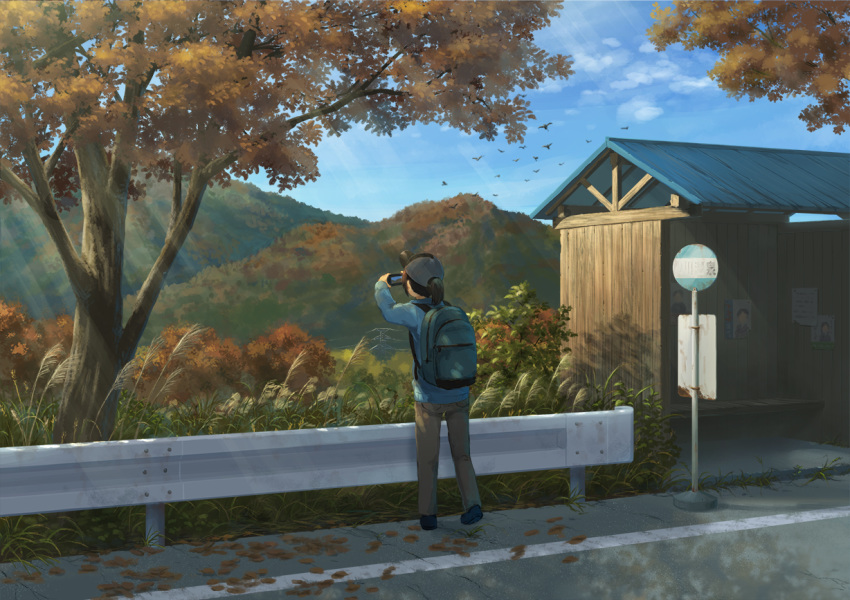 backpack bag bird black_hair cellphone cellphone_camera commentary day from_behind guard_rail hat hirose_yuki holding holding_cellphone holding_phone original outdoors phone road road_sign scenery short_hair short_ponytail sign sky solo tree
