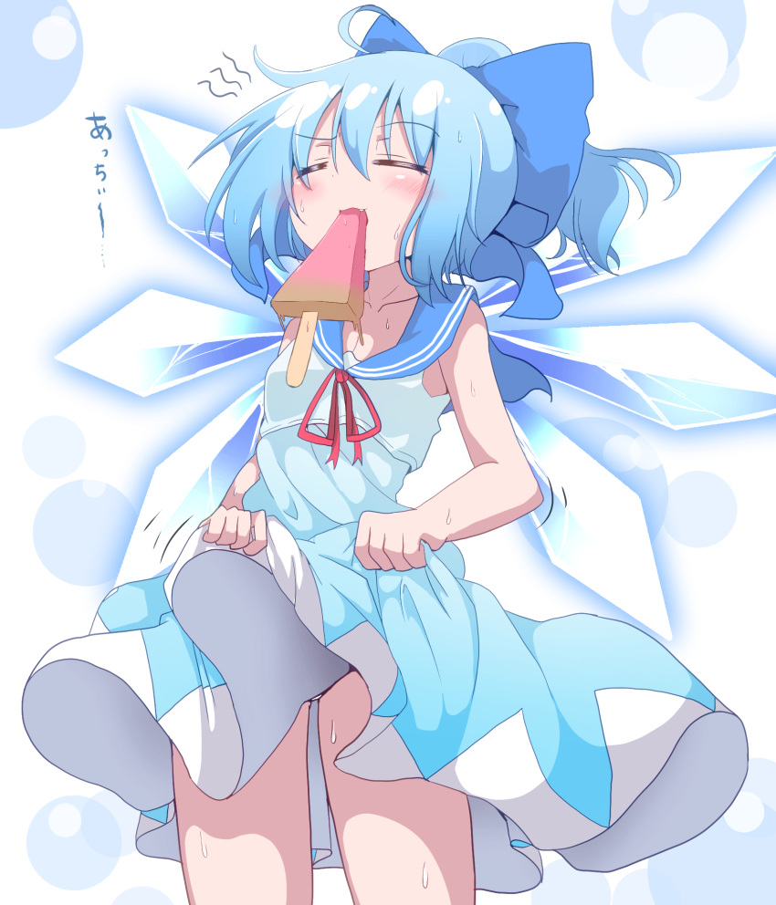 adapted_costume blue_bow blue_eyes bow cirno closed_eyes do_(4-rt) dress fang food food_in_mouth hair_bow highres ice ice_wings mouth_hold popsicle sailor_dress short_hair skirt_hold sleeveless sleeveless_dress solo sweat touhou wings