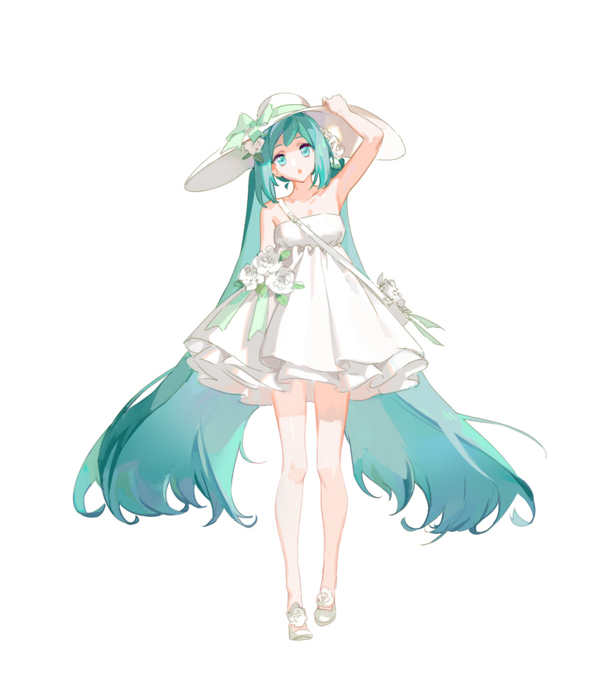 armpits blue_eyes blue_hair bow collarbone dress floating_hair flower full_body green_bow green_ribbon hair_flower hair_ornament hand_on_headwear hat hat_bow hat_ribbon hatsune_miku head_tilt highres long_hair looking_at_viewer open_mouth ribbon simple_background sleeveless sleeveless_dress solo standing strapless strapless_dress sun_hat twintails very_long_hair vocaloid white_background white_dress white_flower white_hat yyb