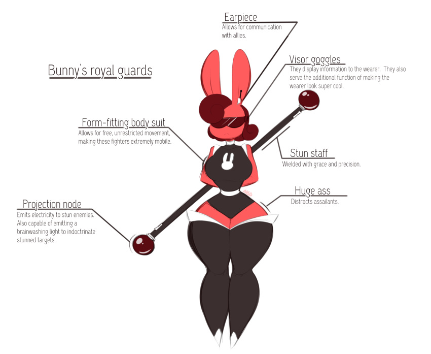 2018 anthro averyshadydolphin big_breasts big_butt big_ears black_text breasts butt clothed clothing digital_media_(artwork) earpiece eyewear female guard hair huge_butt lagomorph legwear looking_at_viewer mammal rabbit red_hair solo staff sunglasses text thick_thighs thigh_highs wide_hips