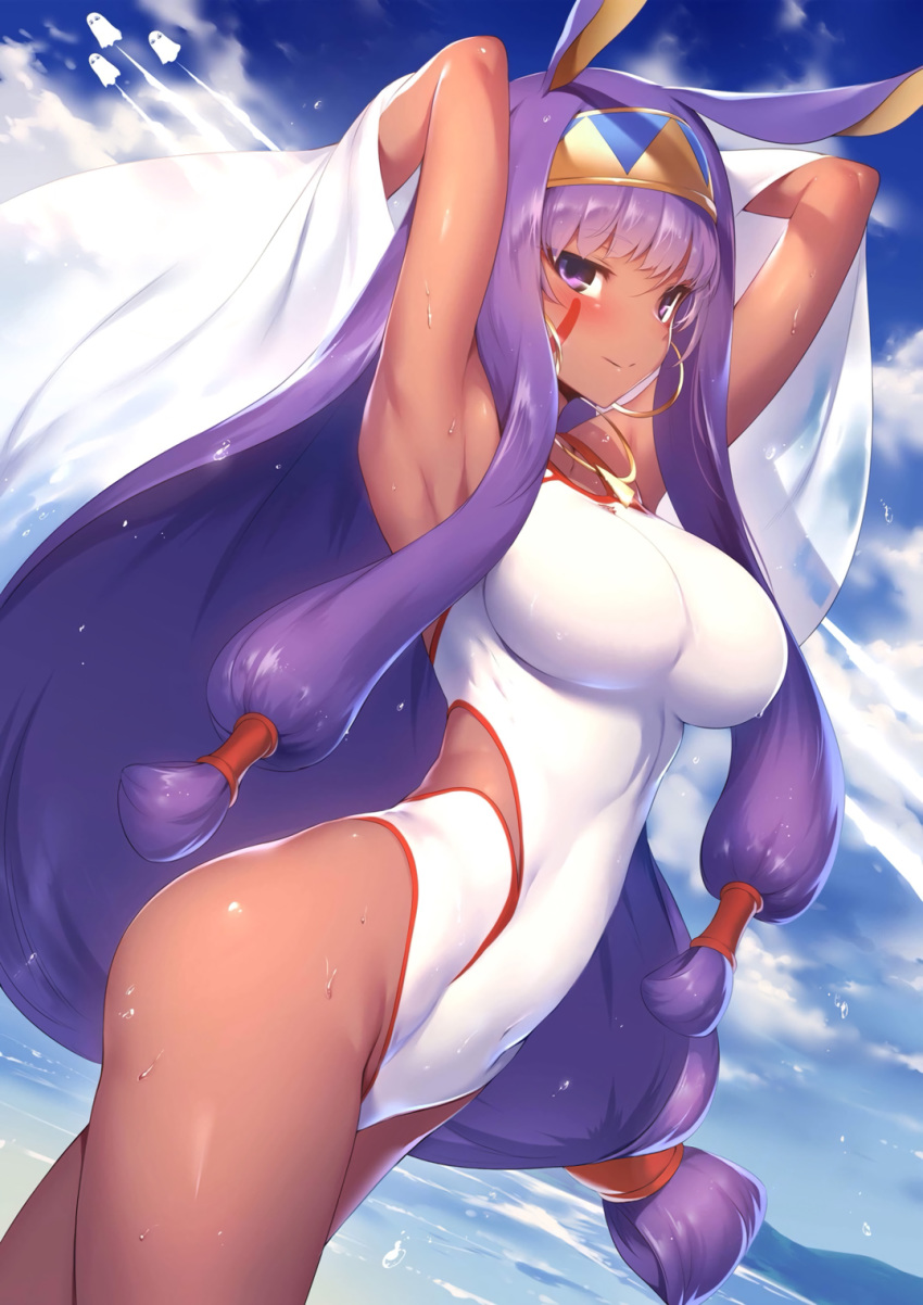 animal_ears armpits arms_up beach blue_sky blush breasts contrapposto covered_navel cowboy_shot dark_skin day dutch_angle earrings eyebrows_visible_through_hair facial_mark fate/grand_order fate_(series) hairband highres hoop_earrings impossible_clothes impossible_swimsuit jewelry large_breasts long_hair looking_at_viewer low-tied_long_hair m-da_s-tarou medjed necklace nitocris_(fate/grand_order) nitocris_(swimsuit_assassin)_(fate) non-web_source one-piece_swimsuit outdoors purple_eyes purple_hair sidelocks sky smile solo standing sweat swimsuit very_long_hair white_swimsuit